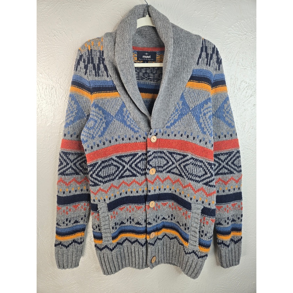 Mavi Fair Isle 3D Knit Cardigan Wool Gray Geometric Shawl Collar Button Sweater